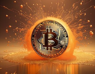 bitcoin coin exploding on gold solid background, concept for crypto currency and finances