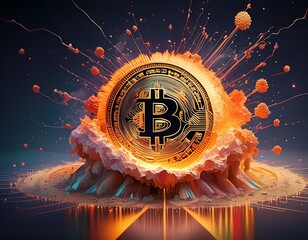 bitcoin coin exploding on gold solid background, concept for crypto currency and finances