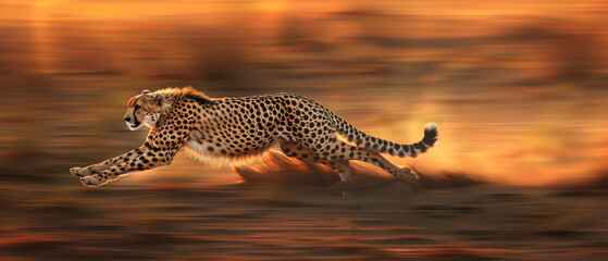 A cheetah captured in mid-sprint against a blurred wilderness background, epitomizing grace, speed, and the untamed spirit of the wild.