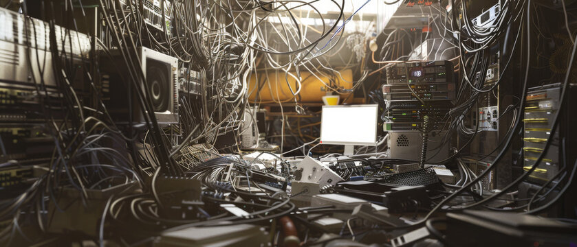 A chaotic tangle of computer cables and electronic equipment in a messy server room, illustrating the complexity and challenges of tech maintenance.