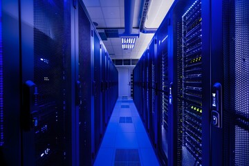 High-tech data center with rows of advanced computer graphics, glowing blue lights illuminating the scene, symmetrical composition showcasing modern technology and security features, high-resolution 