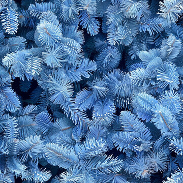 Close up seamless pattern tile pastel blue pine needles Christmas tree branches pastel xmas foliage retro midcentury fake texture branch merry holiday decor magical background repeat azure sky color