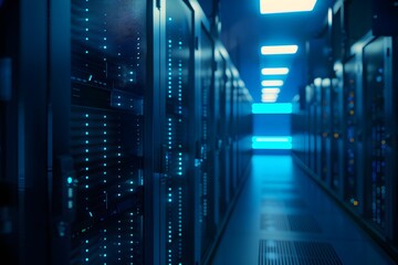 High-tech data center with rows of advanced computer graphics, glowing blue lights illuminating the scene, symmetrical composition showcasing modern technology and security features, high-resolution 