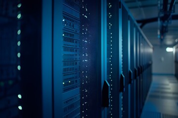 High-tech data center with rows of advanced computer graphics, glowing blue lights illuminating the scene, symmetrical composition showcasing modern technology and security features, high-resolution 
