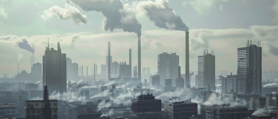 A sprawling industrial cityscape with multiple factory chimneys releasing thick smoke into the hazy sky, symbolizing urban pollution and industrialization.