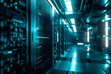 High-tech data center with rows of advanced computer graphics, glowing blue lights illuminating the scene, symmetrical composition showcasing modern technology and security features, high-resolution 