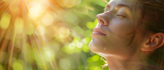 Fototapeta premium A serene close-up of a person meditating in the sunlight, eyes closed, and face illuminated, reflecting peace and calmness amidst nature.