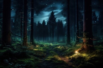 Forest night landscape outdoors.