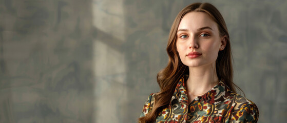 Fototapeta premium A young woman with a calm expression stands against an artistic, textured backdrop, wearing a stylishly patterned top.