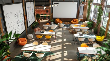 A startupa??s agile workspace with movable whiteboards, modular furniture, and a variety of seating options for flexibility