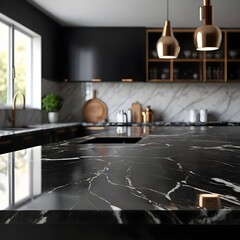 Modern empty dark marble table top or kitchen island
