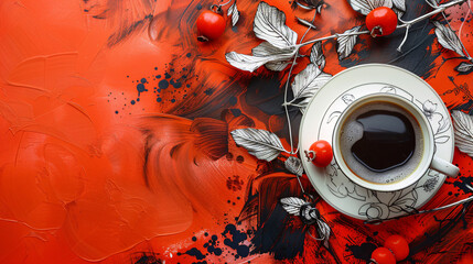 Cup of coffee and autumn items in black and white graffiti art on red background