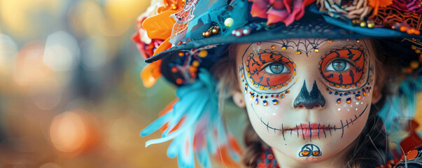 Fototapeta premium A child dressed up for Halloween in a creative costume, their face painted and their eyes sparkling.