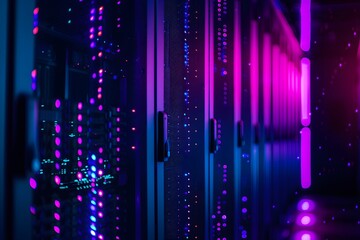 A high-tech data center with rows of glowing blue and purple server cabinets, illuminated by soft pink neon lights. The scene is captured in a wide-angle shot that highlights the sleek design of each