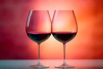 Two wine glasses with red wine in them sit on a table. The glasses are almost empty, with only a small amount of wine left in them. Scene is relaxed and casual, as the glasses are not full