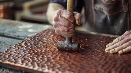 Close-up of a craftsman hammering a copper sheet for metalwork, showcasing detailed craftsmanship and traditional techniques.