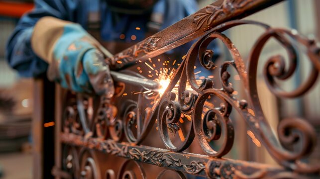 Close-up of a craftsman welding an intricate metal gate with sparks flying, showcasing detailed metalwork and craftsmanship in a workshop.