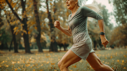 Senior woman running outdoors, showcasing fitness and determination.
