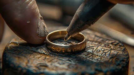 Close-up of a craftsman's hand engraving a gold ring, showcasing intricate details and precision in jewelry making on a rustic wooden surface.
