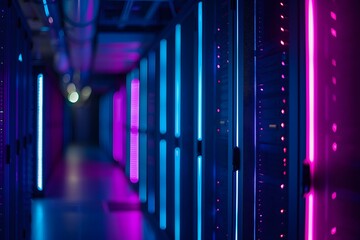 A high-tech data center with rows of glowing blue and purple server cabinets, illuminated by soft pink neon lights. The scene is captured in a wide-angle shot that highlights the sleek design of each