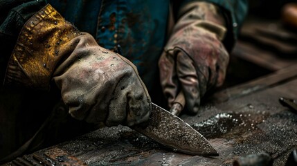 Close-up of a craftsman's hands in protective gloves sharpening a knife on a workbench, showcasing dedication and attention to detail.