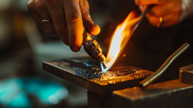 Close-up of a craftsman's hands using a blowtorch for metalwork in a workshop, with detailed focus on the flame and tools. - Powered by Adobe