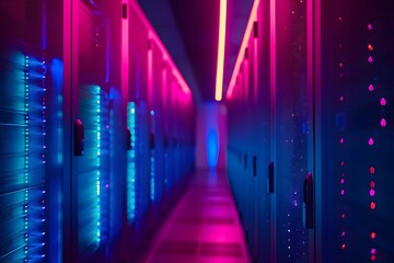 A high-tech data center with rows of glowing blue and purple server cabinets, illuminated by soft pink neon lights. The scene is captured in a wide-angle shot that highlights the sleek design of each