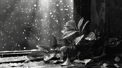 A leafy plant is sitting on a window sill, with raindrops falling on it