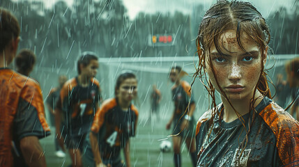 A girl with wet hair stands in the rain with her teammates