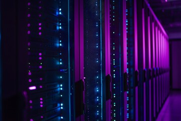 A high-tech data center with rows of glowing blue and purple server cabinets, illuminated by soft pink neon lights. The scene is captured in a wide-angle shot that highlights the sleek design of each