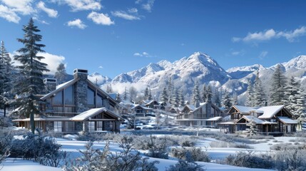 rchitectural blueprints of a luxurious mountain retreat, featuring cabins and scenic views