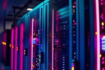 A high-tech data center with rows of glowing blue and purple server cabinets, illuminated by soft pink neon lights. The scene is captured in a wide-angle shot that highlights the sleek design of each