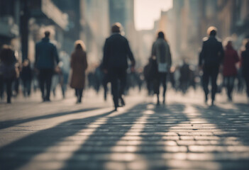 Anonymous crowd of people walking on city street background