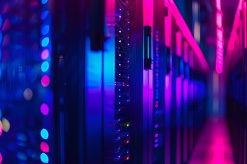 A high-tech data center with rows of glowing blue and purple server cabinets, illuminated by soft pink neon lights. The scene is captured in a wide-angle shot that highlights the sleek design of each