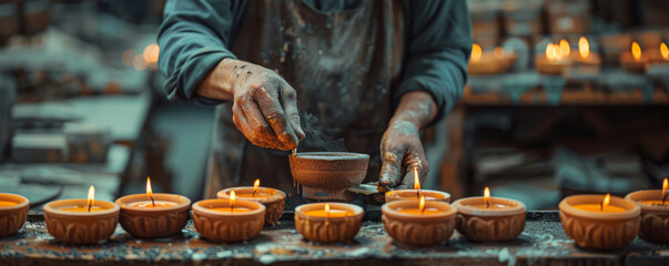 Obraz premium An artisan crafting handmade candles in a cozy workshop, pouring fragrant wax into molds and adding decorative touches.
