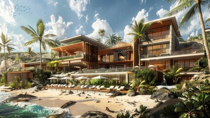 rchitectural plans for a contemporary beachfront resort with luxury accommodations and recreational facilities