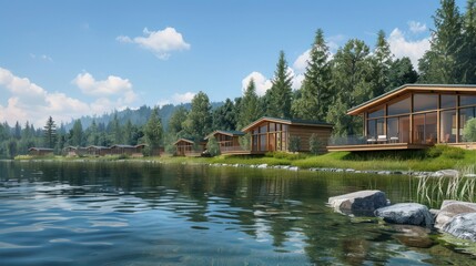 Obraz premium rchitectural plans for a contemporary lakeside retreat with luxury cabins and recreational amenities