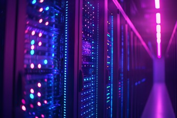 A high-tech data center with rows of glowing blue and purple server cabinets, illuminated by soft pink neon lights. The scene is captured in a wide-angle shot that highlights the sleek design of each