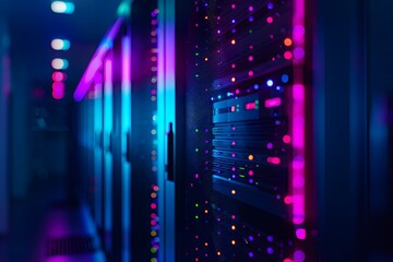 A high-tech data center with rows of glowing blue and purple server cabinets, illuminated by soft pink neon lights. The scene is captured in a wide-angle shot that highlights the sleek design of each