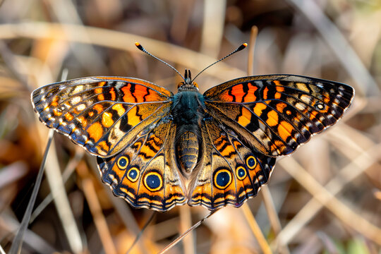 Beautiful black, yellow and orange butterfly rests among the foliage of a garden - Powered by Adobe