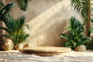 tropical round podium for product display on beach with palm trees. summer beach theme with sand and palm trees