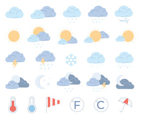 Weather icons. Weather forecast interface. Symbols of various weather phenomena. Weather forecaster work. Vector illustration