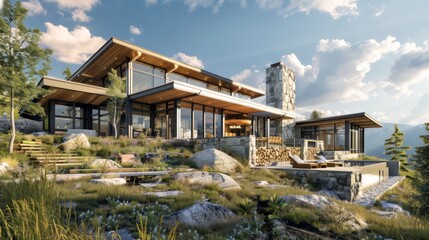 Obraz premium rchitectural plans for a contemporary mountain lodge with luxury amenities and scenic views