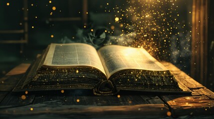 Spiritual inspiration and heavenly wisdom from the bible. Open books of godly teachings in a library. Faith and learning intertwined in religious literature, holy scripture.