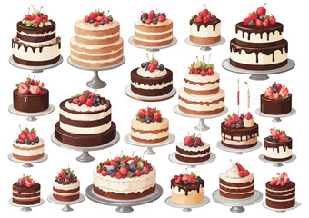 Clip art. Birthday cake set. Collection of colorful birthday cakes decorated with strawberries. Separate background.