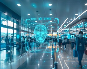 Busy Airport Terminal with Facial Recognition Technology for Secure and Efficient Check In