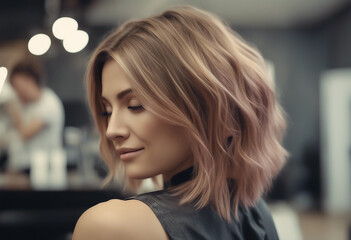 Obraz premium Beautiful hairstyle of woman after dyeing hair and making highlights in hair salon