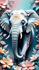Obraz premium Dreamlike Elephant: Surreal Paper Mâché Art with Abstract Floral Designs in Soft Pastel Tones, 3D Rendering