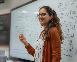 Teacher Utilizing Interactive Whiteboard to Explain Complex Math Problems in Classroom Setting
