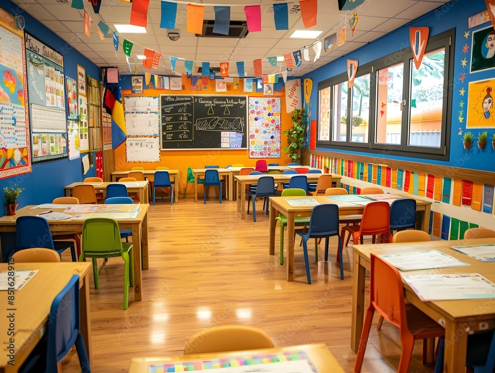 Poster language immersion classroom for students practicing conversational foreign language skills